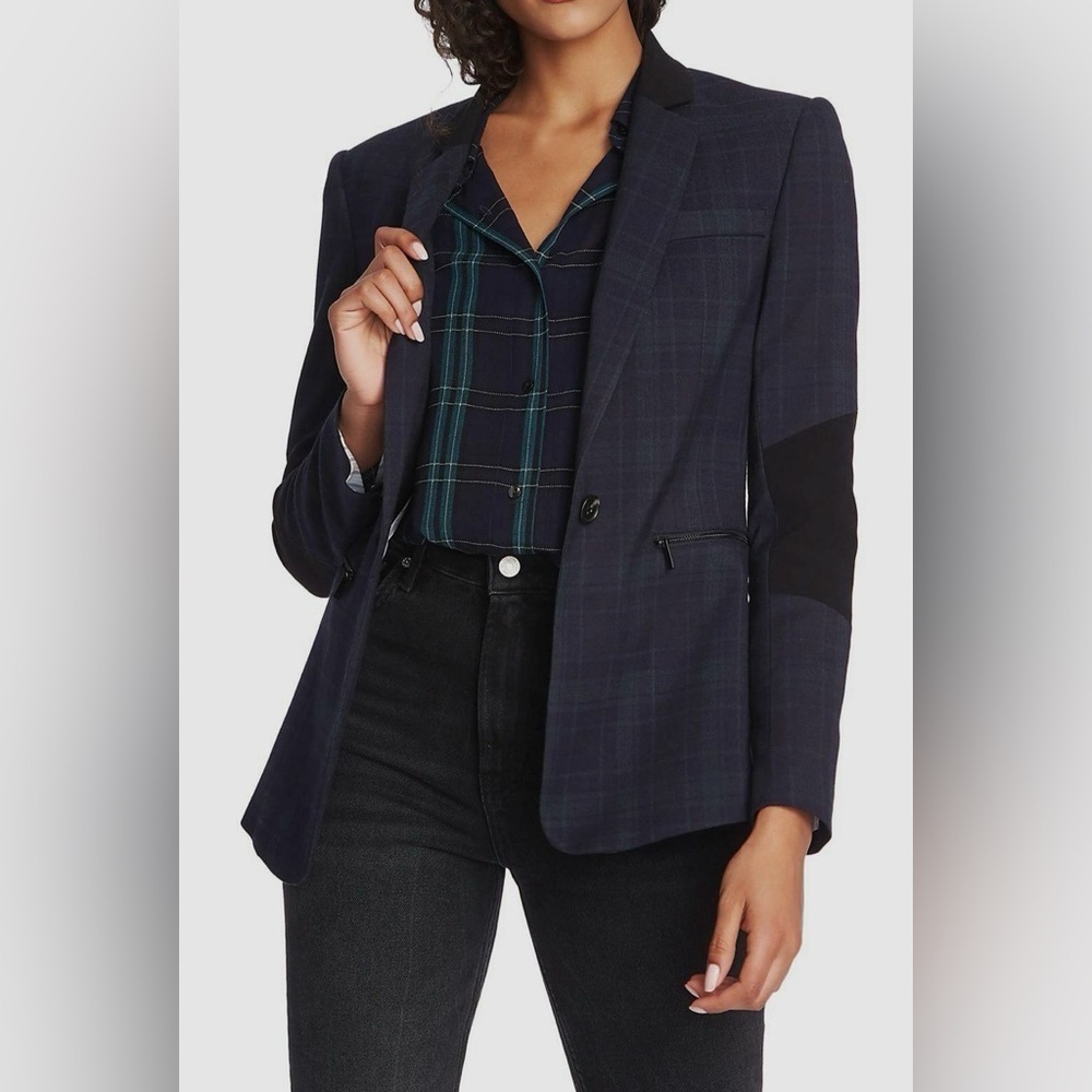 $255 1.STATE Women's Blue Wild One Panel Plaid One-Button Jacket Blazer Size 6